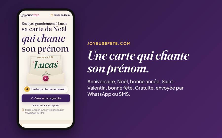 La page de la carte de Noël de Lucas sur joyeusefete.com, vue sur un téléphone